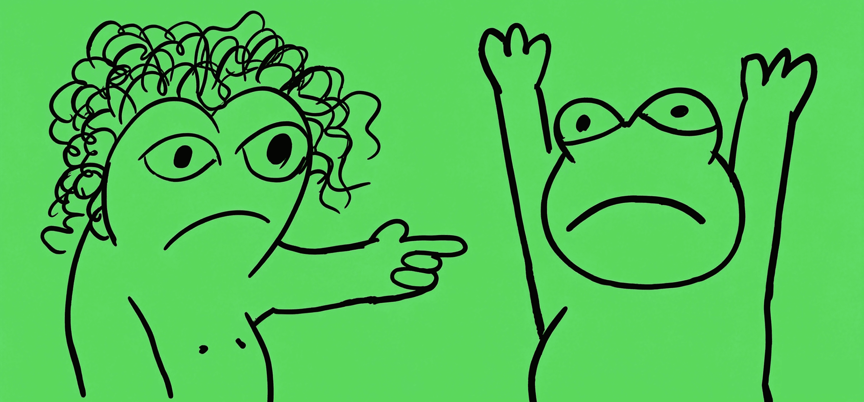 WakaWaka hand drawn characters on a bright green background